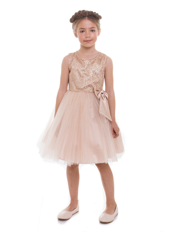Petite Adele Little Girls Champagne Sequin Charmeuse Bow Flower Girl Dress 2-6 - SophiasStyle.com